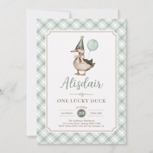 Retro Green One Lucky Duck Ballon 1e verjaardag Kaart