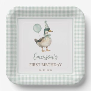 Retro Green One Lucky Duck Ballon 1e verjaardag Papieren Bordje