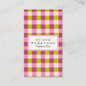 Retro Green Pink Checkered Gingham Girly QR Code Visitekaartje (Voorkant)