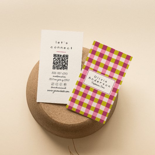 Retro Green Pink Checkered Gingham Girly QR Code Visitekaartje