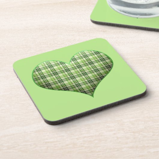 Retro green plaid puffy hart St Patrick Bier Onderzetter (Linkerzijde)