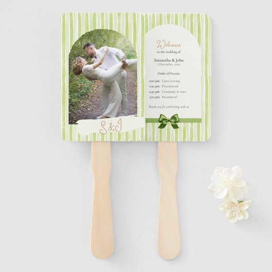 Retro Green Stripes Wedding Ceremony Program Fan Handwaaier (Voorkant en achterkant)