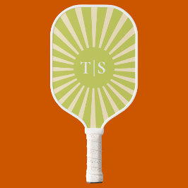 Retro Green Sunburst Monogram Initials Pickleball Paddle