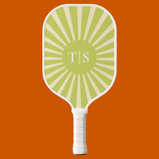 Retro Green Sunburst Monogram Initials Pickleball Paddle