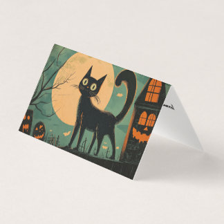 Retro griezelige zwarte kat Halloween kerkhof scèn Kaart