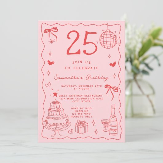 Retro grillige eigenzinnige rode roze 25e verjaard kaart (Staand voorkant)