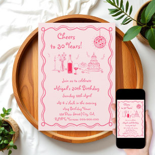 Retro grillige hete roze krabbel verjaardag kaart