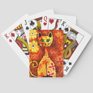 Retro grillige Kat Kat Bloemen Sinaasappel Geel Ro Pokerkaarten