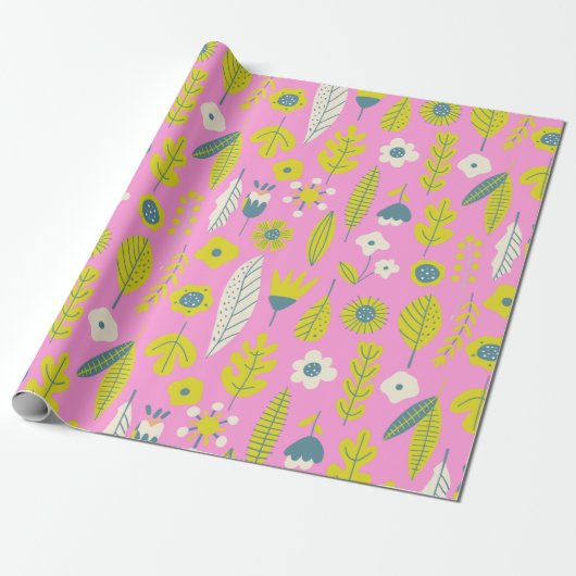 Retro grillige Scandinavische folk bloem in roze Cadeaupapier (Uitgerold)