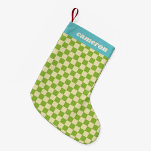 Retro groen blauw schaakbordpatroon gepersonalisee kleine kerstsok