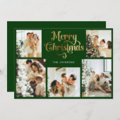 Retro Groen en Goud Vrolijk Kerstfeest Familiefoto Feestdagenkaart (Voorkant / Achterkant)