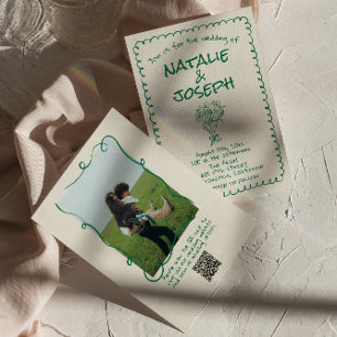 Retro Groen Getrokken Bloemen Foto QR Code Huwelij Kaart