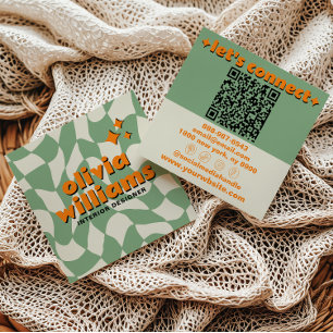 Retro Groen Oranje QR Code Groovy Geruit Boho Vierkante Visitekaartje
