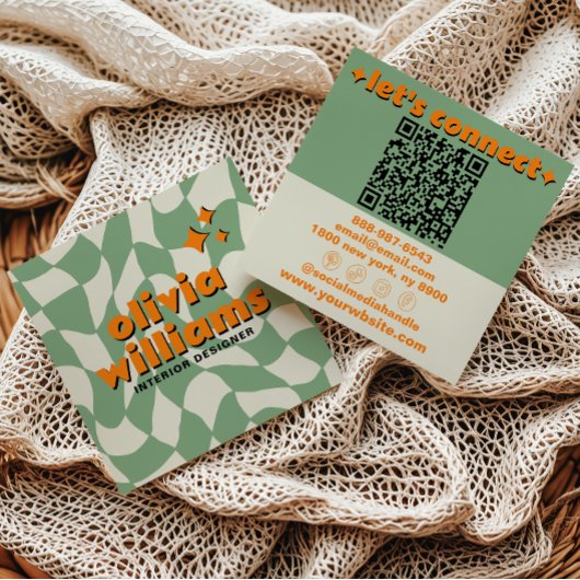 Retro Groen Oranje QR Code Groovy Geruit Boho Vierkante Visitekaartje