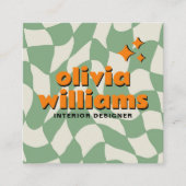 Retro Groen Oranje QR Code Groovy Geruit Boho Vierkante Visitekaartje (Voorkant)