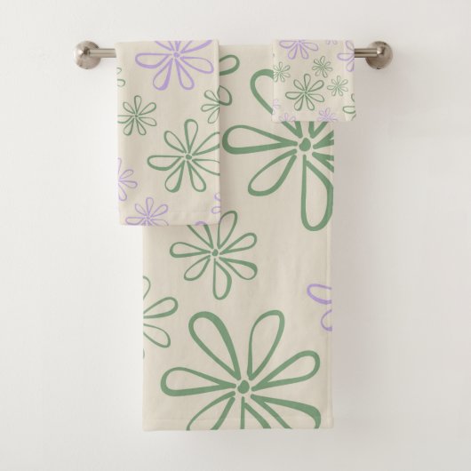 Retro Groen Paarse Kleine Bloempatroon Bad Handdoek (Insitu)
