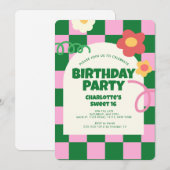 Retro Groen Roze Checker Sweet 16 Verjaardagsfeest Kaart (Voorkant / Achterkant)