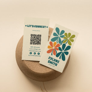 Retro Groen Sinaasappel QR Code Boho Bloemen Uniek Visitekaartje
