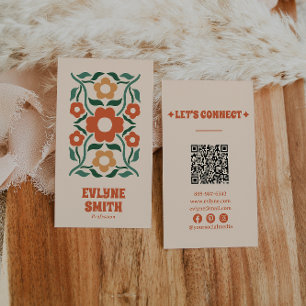 Retro Groen Sinaasappel QR Code Groovy Floral Fun Visitekaartje