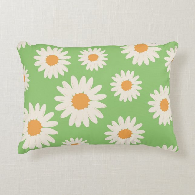 Retro  Groen Wit Daisy Flower Pattern Accent Kussen (Voorkant)