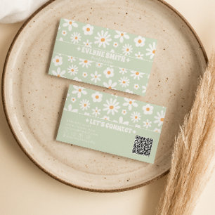 Retro Groen Witte QR-code Groovy Bloemige Unieke F Visitekaartje