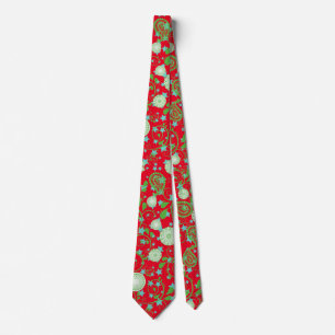 Retro groene bloeiende planten pattern.b Rood BG Stropdas