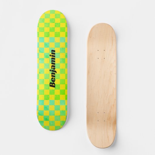 Retro Groene en Gele Checkerboard School Skateboard (Voorkant)