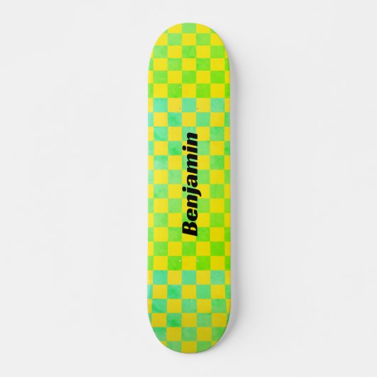 Retro Groene en Gele Checkerboard School Skateboard (Voorkant)