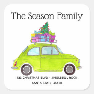 Retro groene Fiat 500 met kerstcadeaus Vierkante Sticker