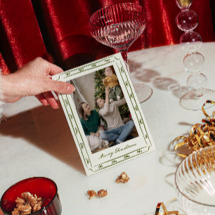 Retro groene handgetekende boogframe foto Kerstmis Feestdagenkaart