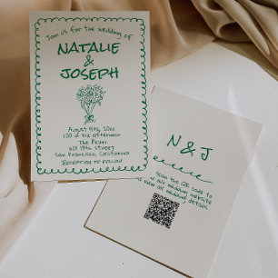 Retro Groene Handgetekende Vreemde QR Code Huwelij Kaart