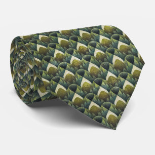 Retro groene olijf geometrisch kunstpatroon stropdas