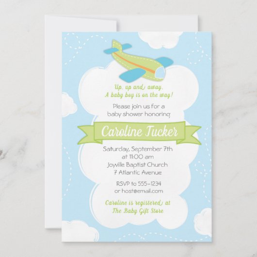 Retro groene vliegtuig babyshower uitnodiging (Voorkant)
