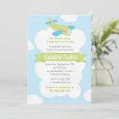 Retro groene vliegtuig babyshower uitnodiging (Staand voorkant)