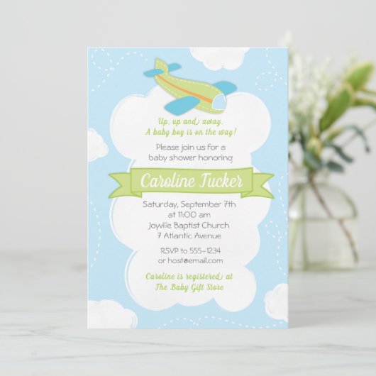 Retro groene vliegtuig babyshower uitnodiging (Staand voorkant)