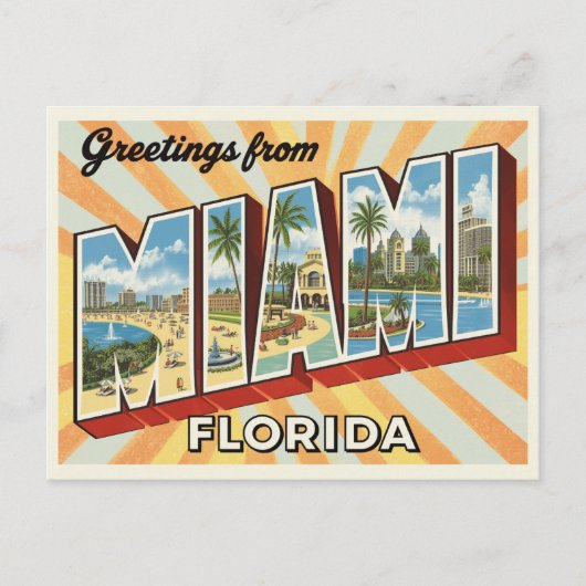 Retro "Groeten uit Miami, Florida" Sunburst Briefkaart (Voorkant)