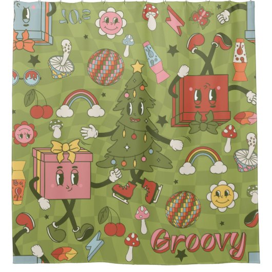 retro groovy 1970 disco christmas tree green check douchegordijn (Voorkant)