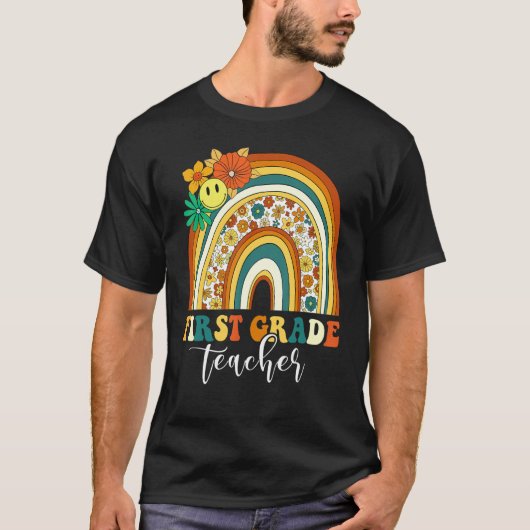 Retro Groovy 1e klas leraar regenboog T-shirt (Voorkant)