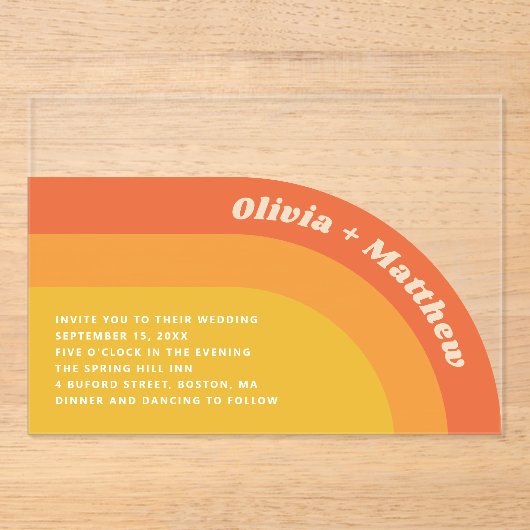 Retro Groovy 70s bruiloft | Boho Sunset Transparan Acryl Uitnodigingen (Voorkant)
