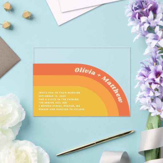 Retro Groovy 70s bruiloft | Boho Sunset Transparan Acryl Uitnodigingen (Insitu (Huwelijk))