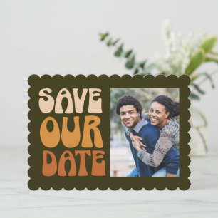 Retro Groovy 70s Bruin Groene Foto Wedding Save The Date