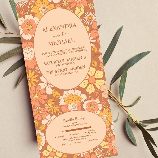 Retro Groovy 70's Gemuteerde tenteenbruiloft All In One Uitnodiging