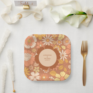 Retro Groovy 70's Gemuteerde tenteenbruiloft Papieren Bordje