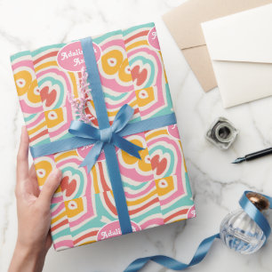 Retro Groovy 70s Golvende Kleurrijke Bruiloft Cadeaupapier