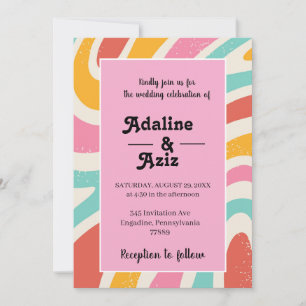 Retro Groovy 70s Golvende Kleurrijke Bruiloft Kaart