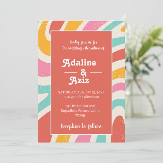 Retro Groovy 70s Golvende Kleurrijke Bruiloft Kaart (Staand voorkant)