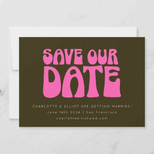 Retro Groovy 70s Heet Roze en Groen Trouw Custom Save The Date (Voorkant)