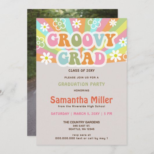 Retro Groovy 70s Hippie Cute Photo Afstuderen Kaart (Voorkant / Achterkant)