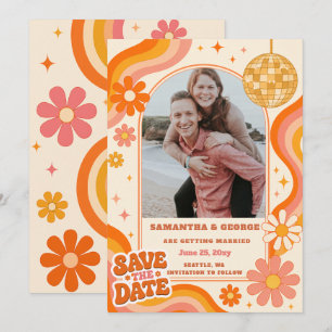 Retro Groovy 70s Ivoorkleurig Oranje Disco Foto Save The Date