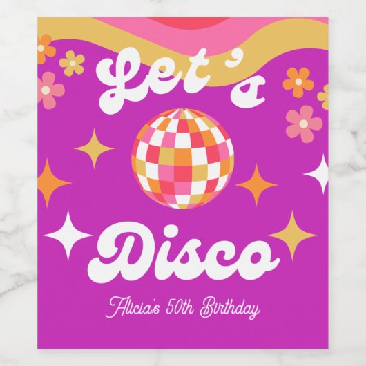 Retro Groovy 70s Let's Disco Verjaardagsfeest Wijn Etiket (Enkel label)